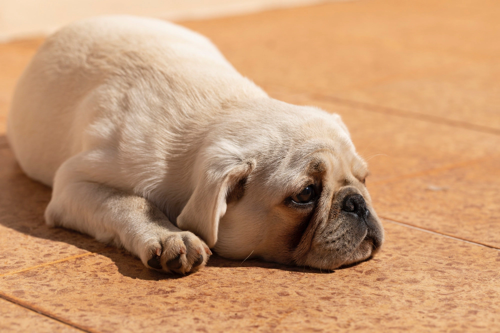 Elderly pug dog lying in the sun