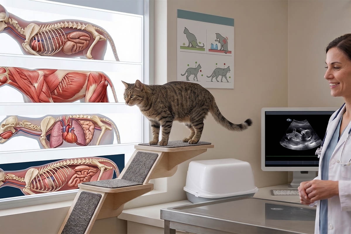 Cat and veterinarian standing in front of cat anatomy images