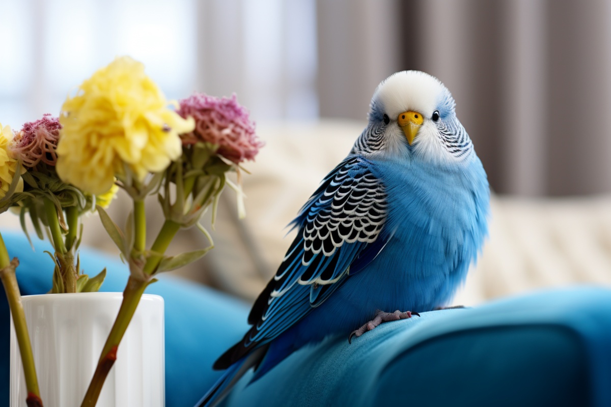 A budgie with blue and white feathers