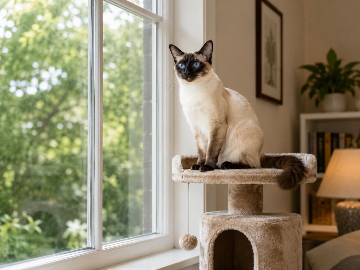 Cat watching outside from the top of the cat house