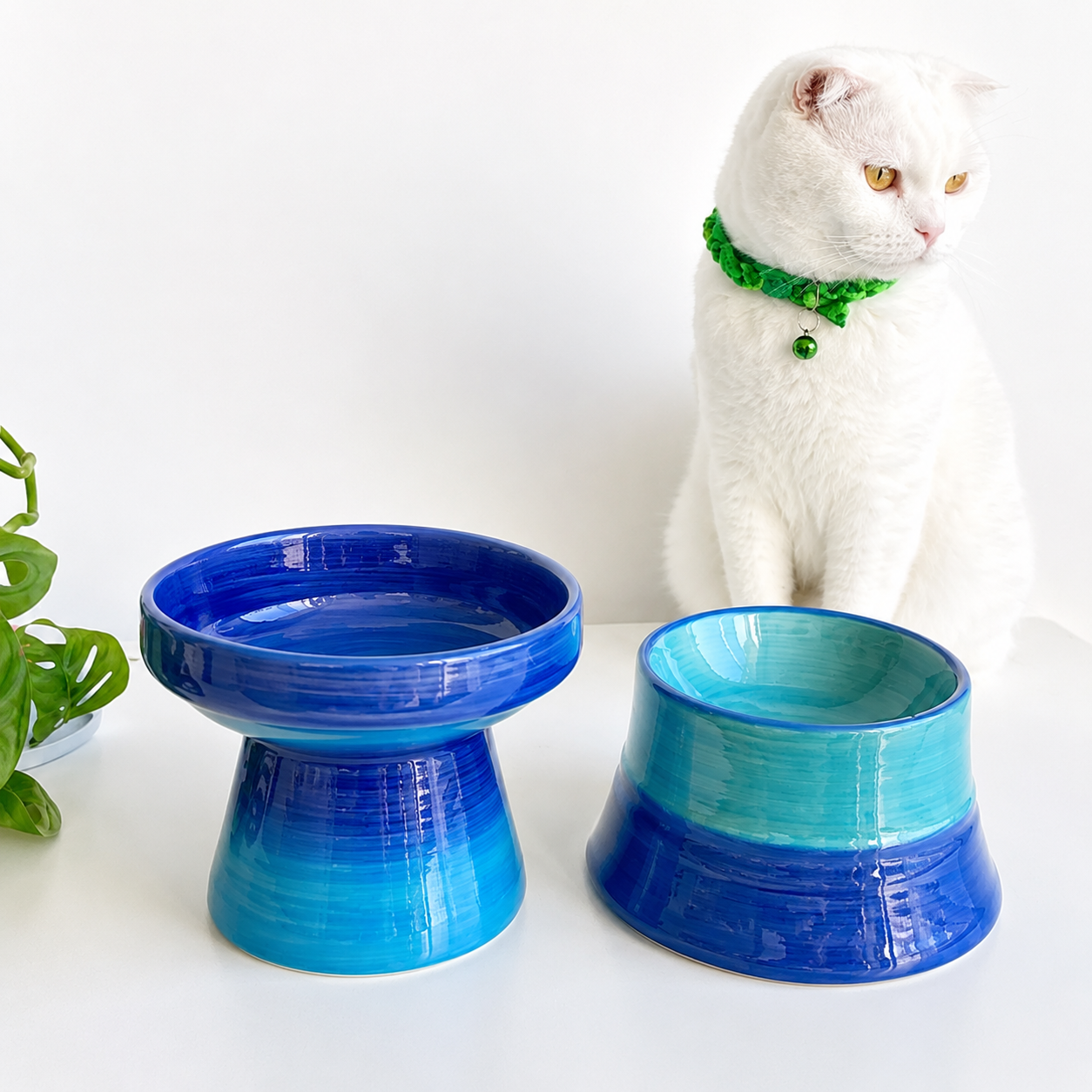 Handmade Ceramic Pet Bowl Duo – Ebru & Colorful Moon Set of 2