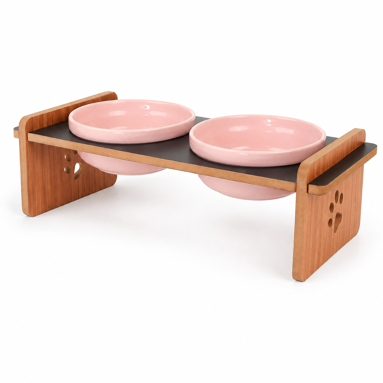 Elevated Wooden Pet Feeding Stand with 2 Ceramic Bowls – Food & Water Station