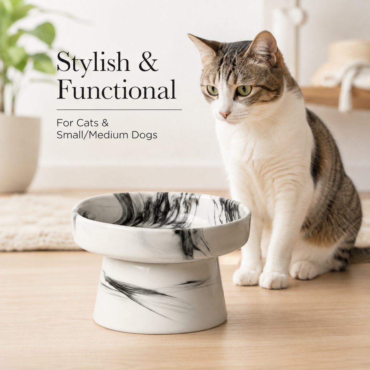 Handmade Elevated Ceramic Cat Bowl – 15° Angled Marble Pet Bowl