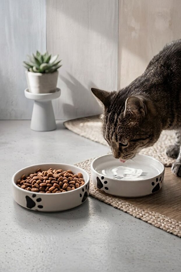 Ceramic Pet Bowl Set of 2 – 300 ml, 13 cm Paw & Fishbone