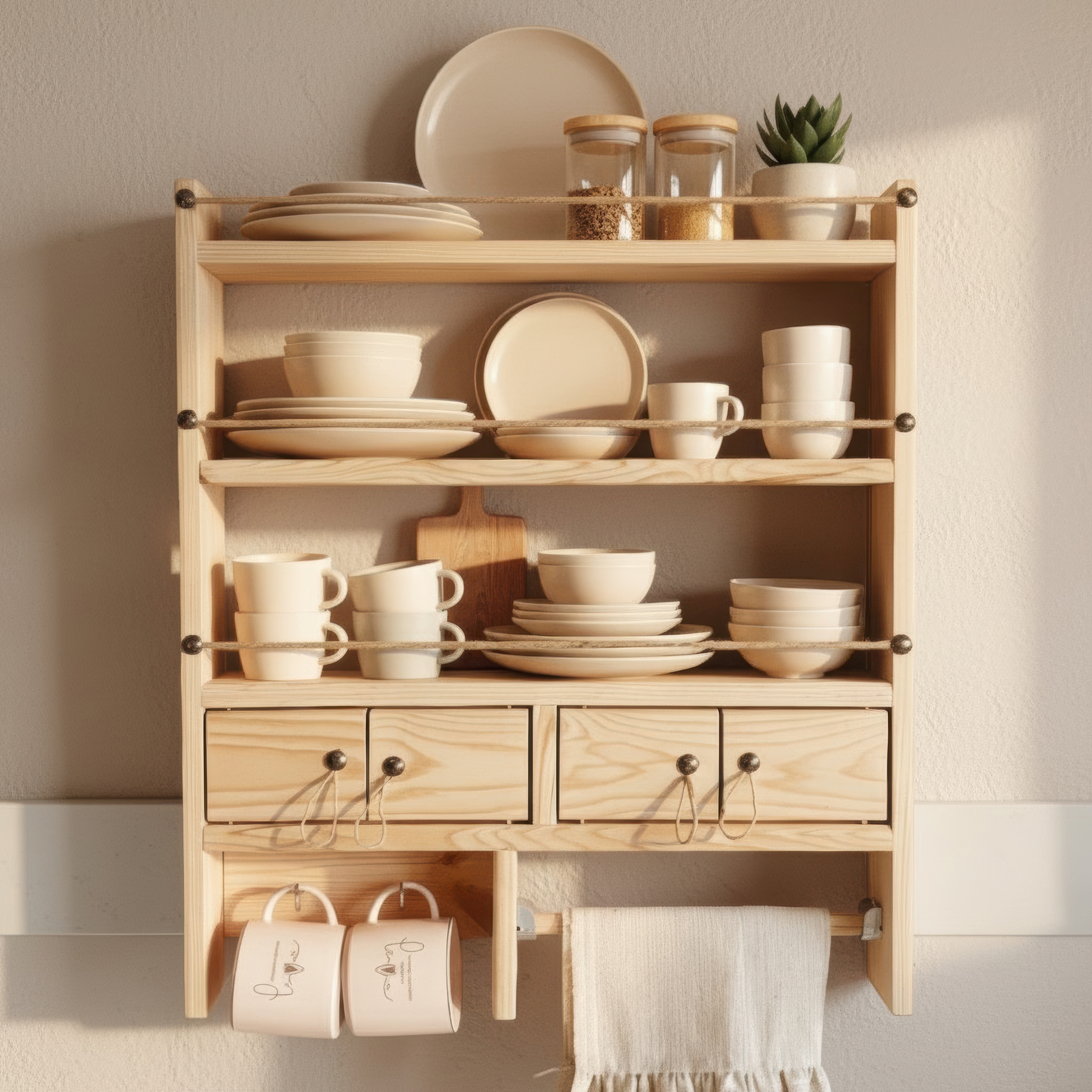 Wooden Kitchen Wall Shelf with Hooks – Mug & Storage Organizer