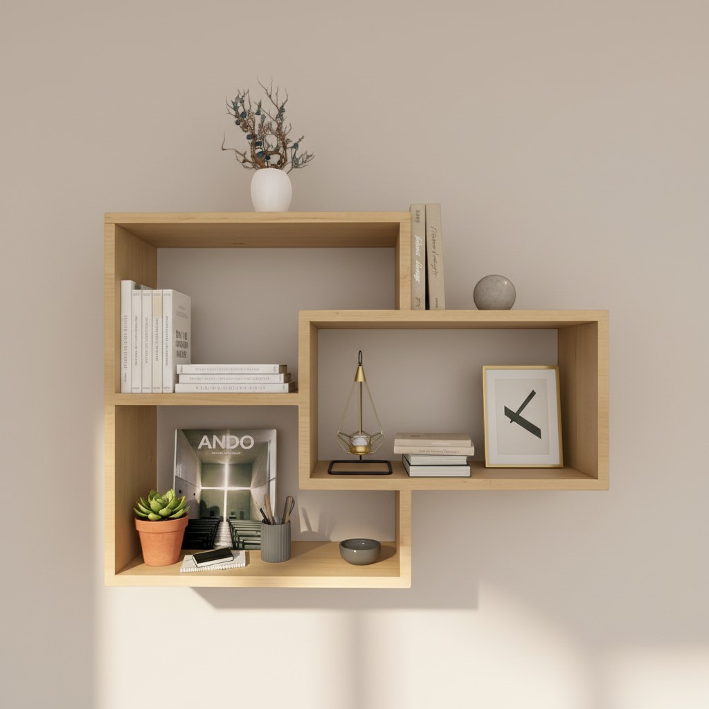 Modern Geometric Wooden Wall Shelf – Floating Storage Shelf