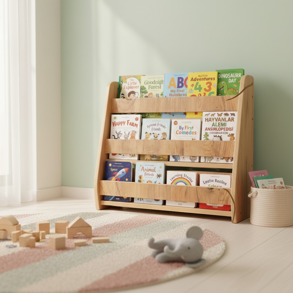 Montessori Kids Bookshelf – Front-Facing Wooden Book Rack