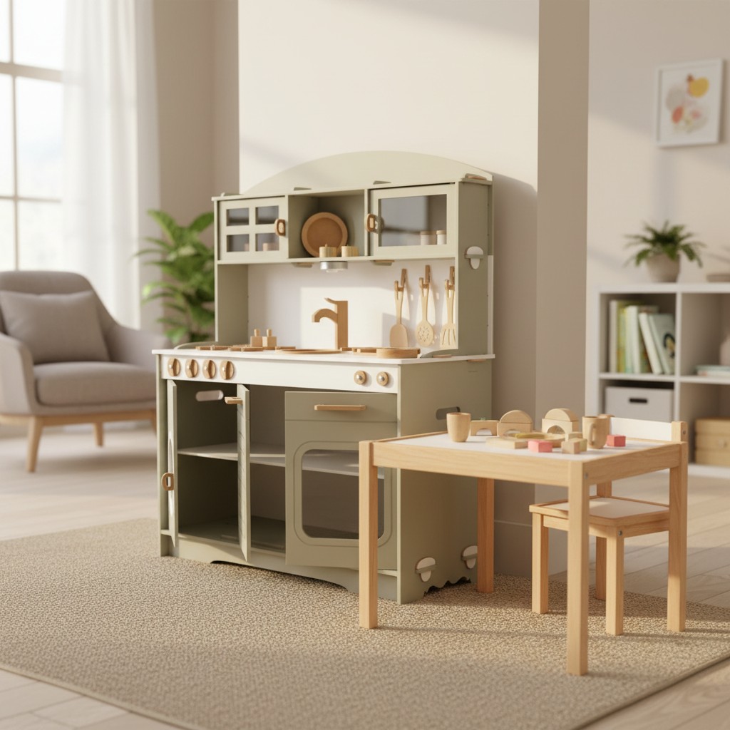 Montessori Wooden Play Kitchen – Sage Green with LED & Accessories