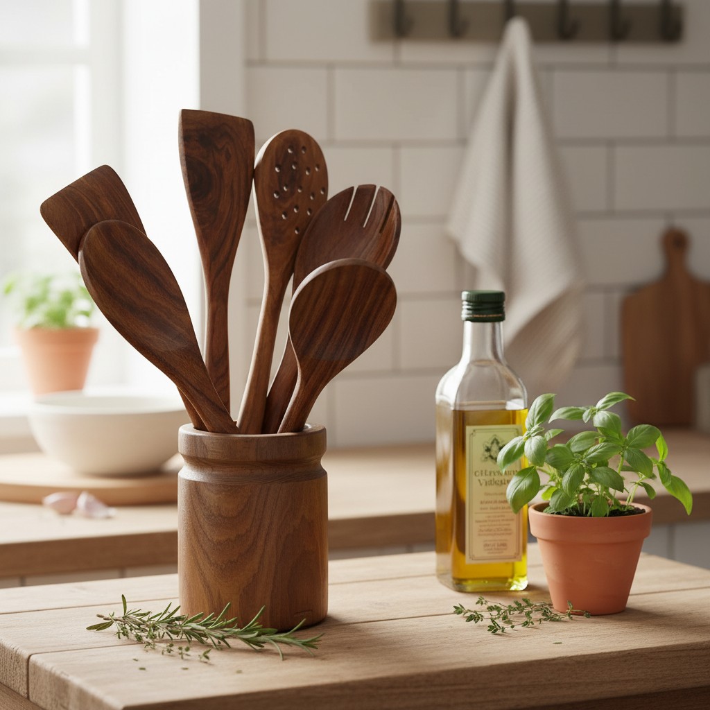 Walnut Wood Kitchen Utensil Set with Holder – 7 Piece